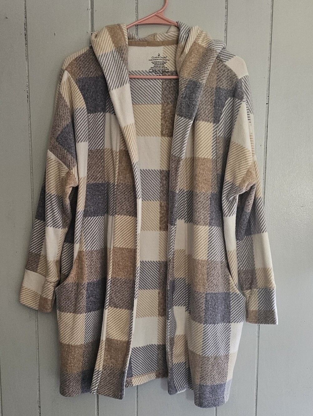 Cuddl Duds Plaid Hooded Open-Front Cardigan - Beige & Gray